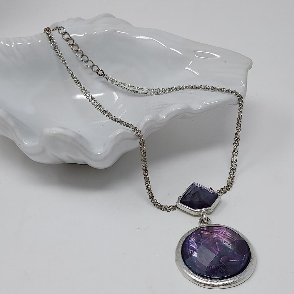 1990s Purple Faceted Modernist Pendant Necklace Silver Tone Kenneth Cole Signed
